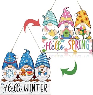 Reversible Hello Winter/Hello Spring Welcome Decor for Home Indoor Outdoor Gnome Flower Snowflake Door Sign Wall Door Hanger Winter Spring Decorative Wooden Sign Wall Plaque Holiday Wreath Wall Decor