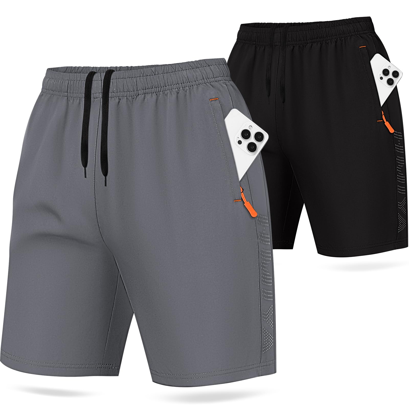 HMIYA 2er Pack Sporthose Herren Kurz Sport Shorts Sommer Laufhose Trainingshose mit Reißverschlusstasch