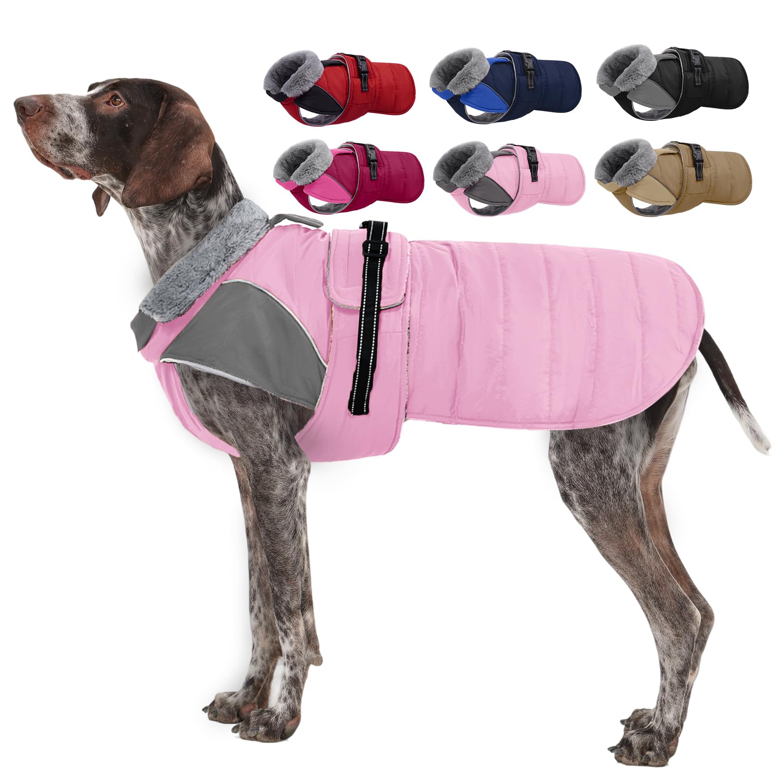Nanaki Large Dog Coats for Winter Waterproof, Warm Fleece Lining Reflective Large Dog Jacket with Leash Hole,Furry Collar Cold Weather Puppy Jacket Outdoor Walking Hunting Easy On Pet Snow, Pink 2XL