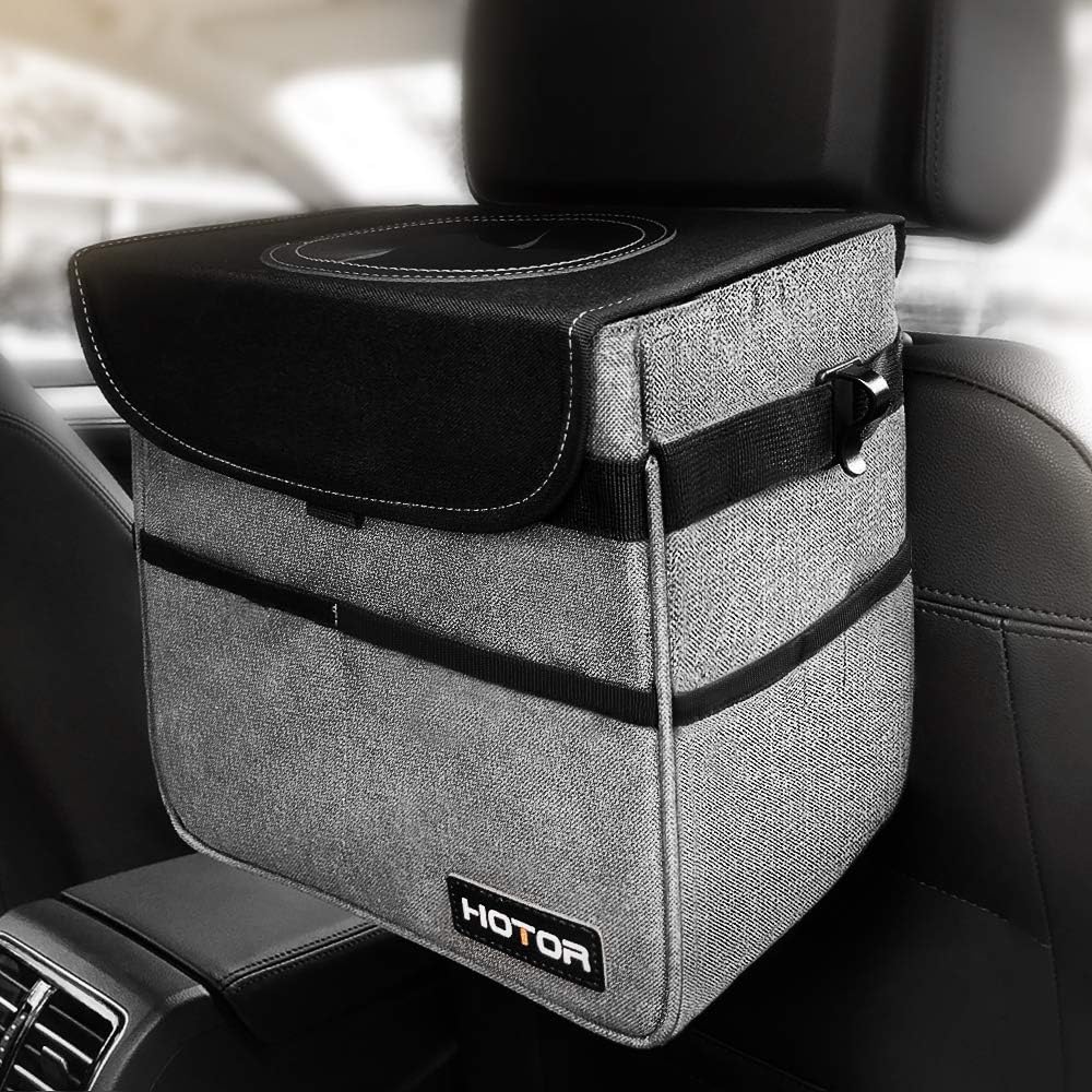 HOTOR Car Trash Can with Lid and Storage Pockets, 100% Leak-Proof Car Organizer, Waterproof Car Garbage Can, Multipurpose Trash Bin for Car - Grey