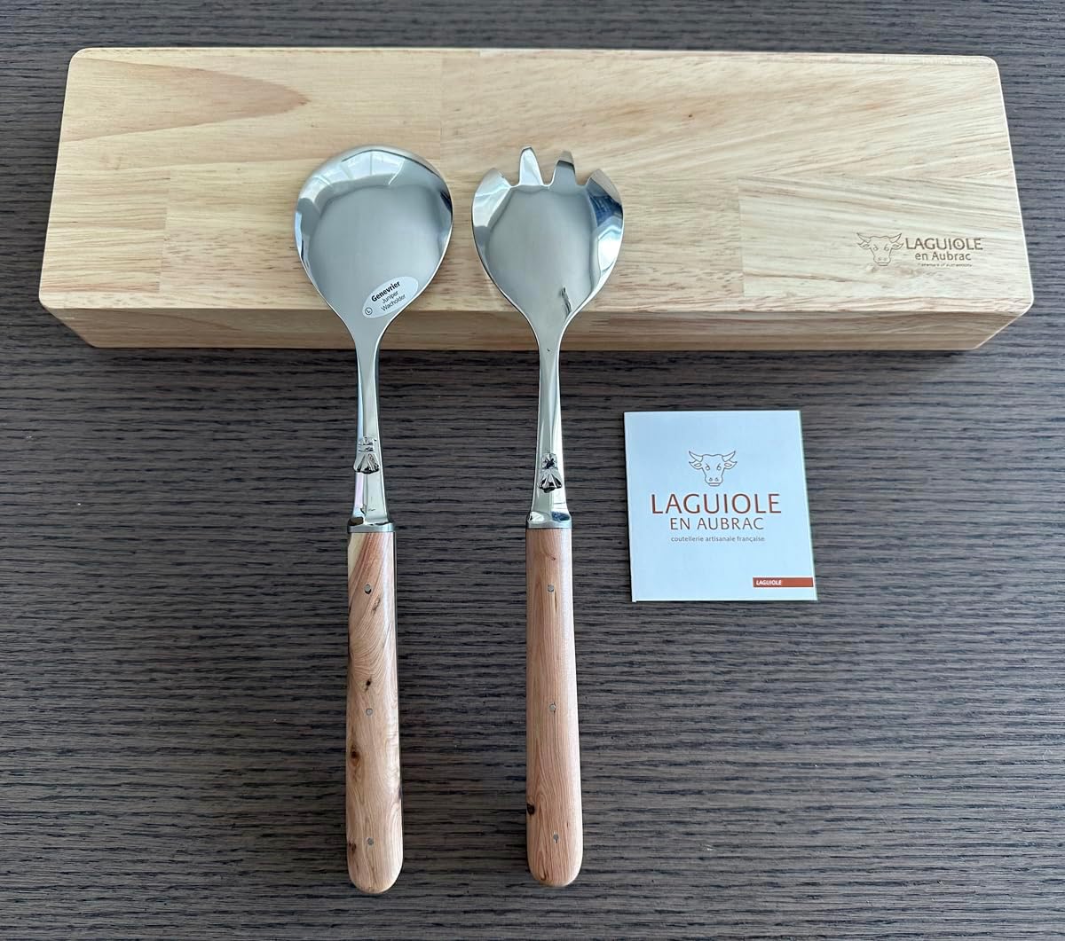 Laguiole en Aubrac Luxury 2-Piece Salad Server Set With 2-Spoons, Juniper Wood Handle, Brushed Stainless Steel Bolsters, Made In France