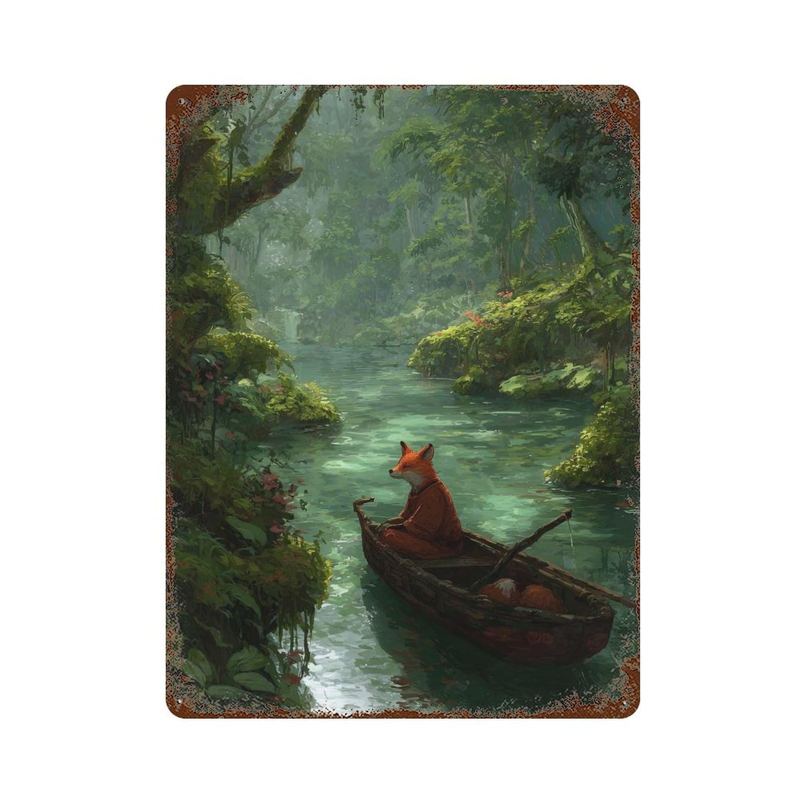 Fox in A Boat on River Aged Metal Wall Plaque 15.7"x11.8", Industrial Home Decor for Garage, Pub Or Kitchen