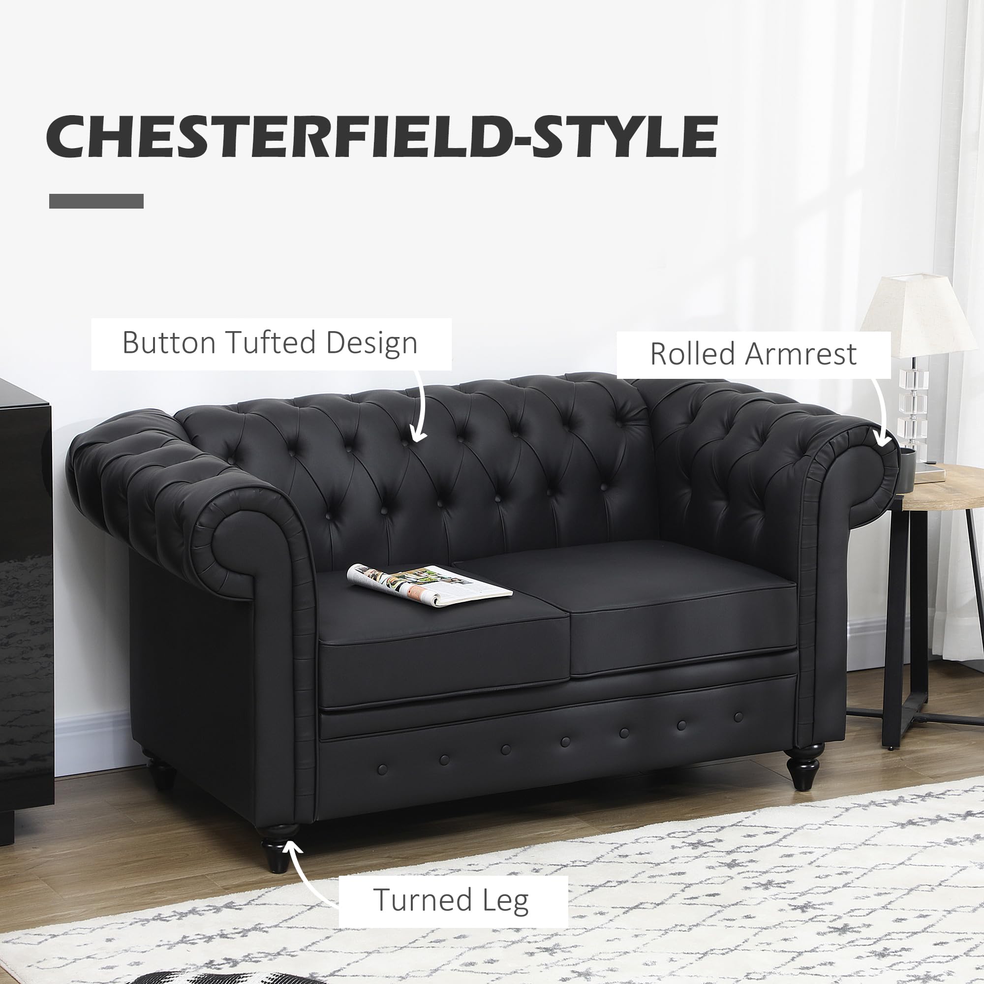 HOMCOM Divano 2 Posti Stile Chesterfield in Finta Pelle, Divanetto da Salotto Trapuntato con Braccioli e Imbottitura Spessa, Sofà con Gambe in Legno di Gomma per Soggiorno e Ufficio, Nero