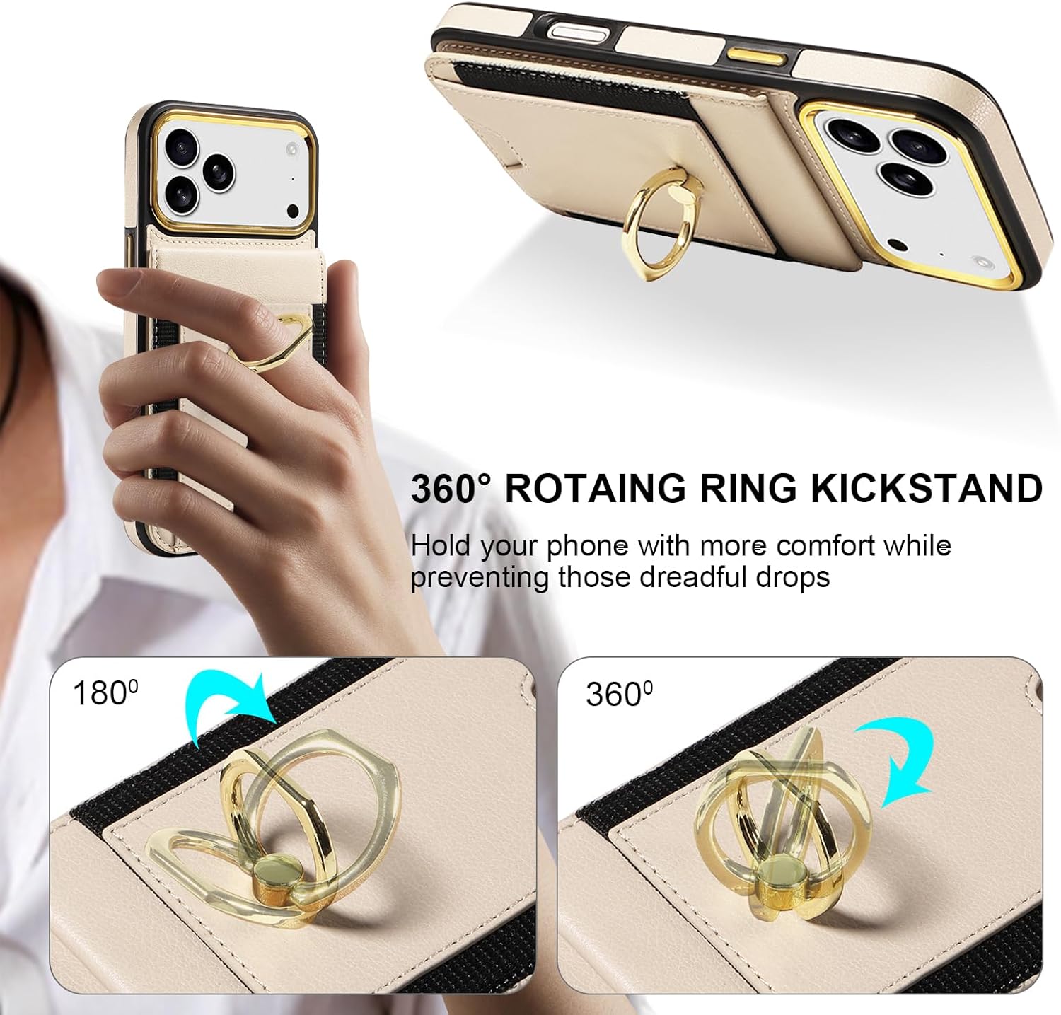 for iPhone 17 Pro Max Case Wallet, 360°Rotation Ring Kickstand, RFID Blocking Card Slots Holder, Magnetic Clasp Flip PU Leather Fashion Shockproof Cover for iPhone 17 Pro Max-Beige - Image 5