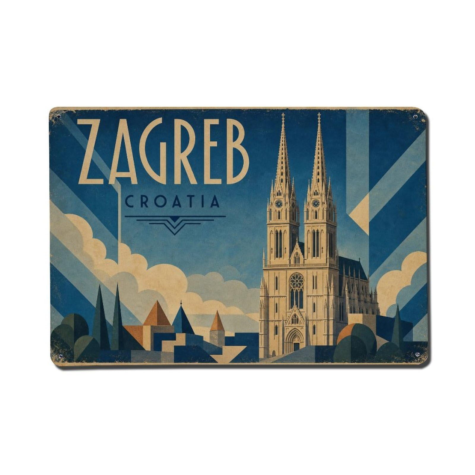 Travel Retro Croatia Zagreb Metal Tin Sign Plaque Wall Decor for Cafe, Club Bar, Office, Garden Metal Poster 8x12Inch