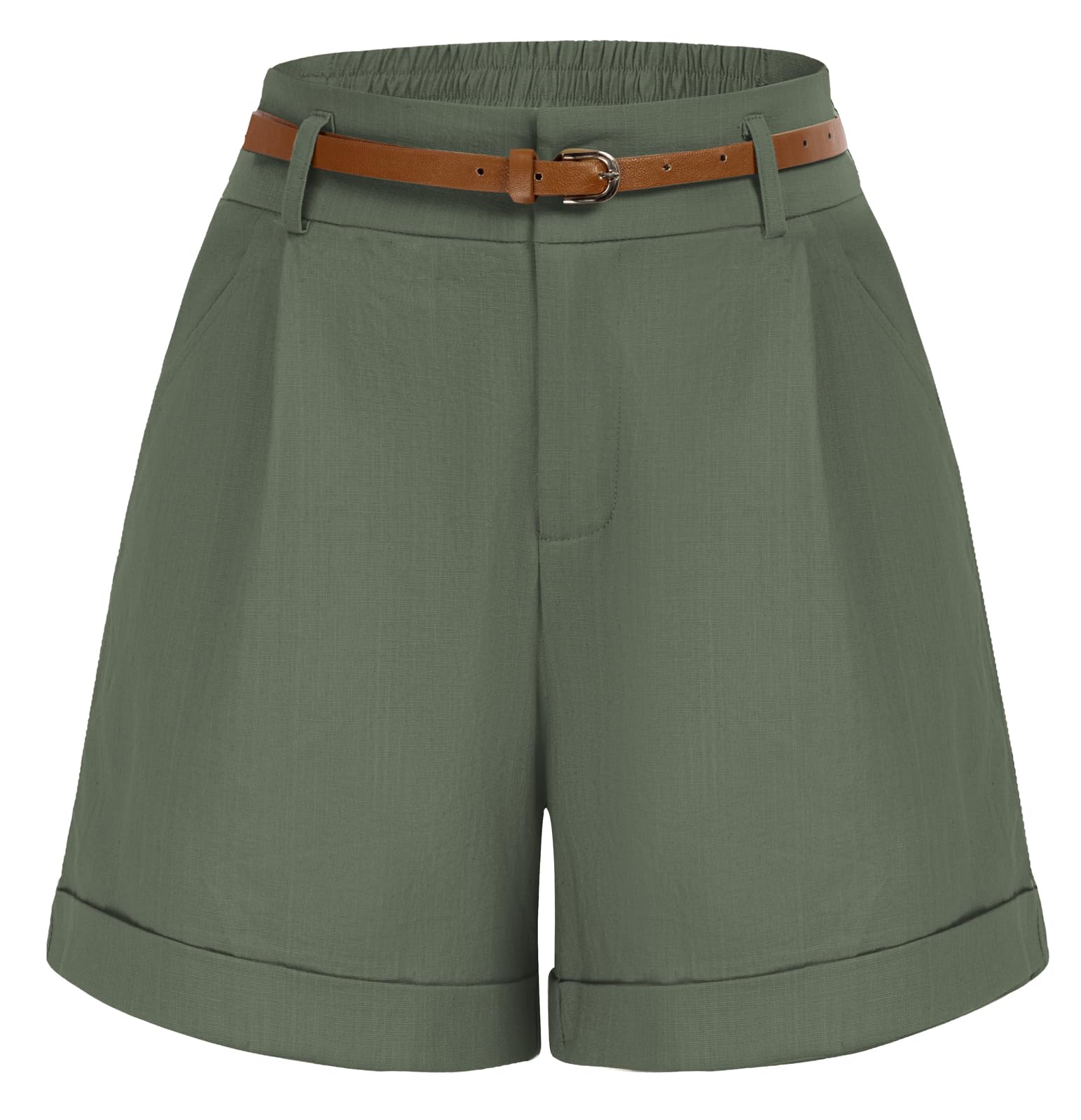 Belle Poque Women Bermuda Shorts Elastic Waist Wide Leg Shorts with Pockets &amp; Belts