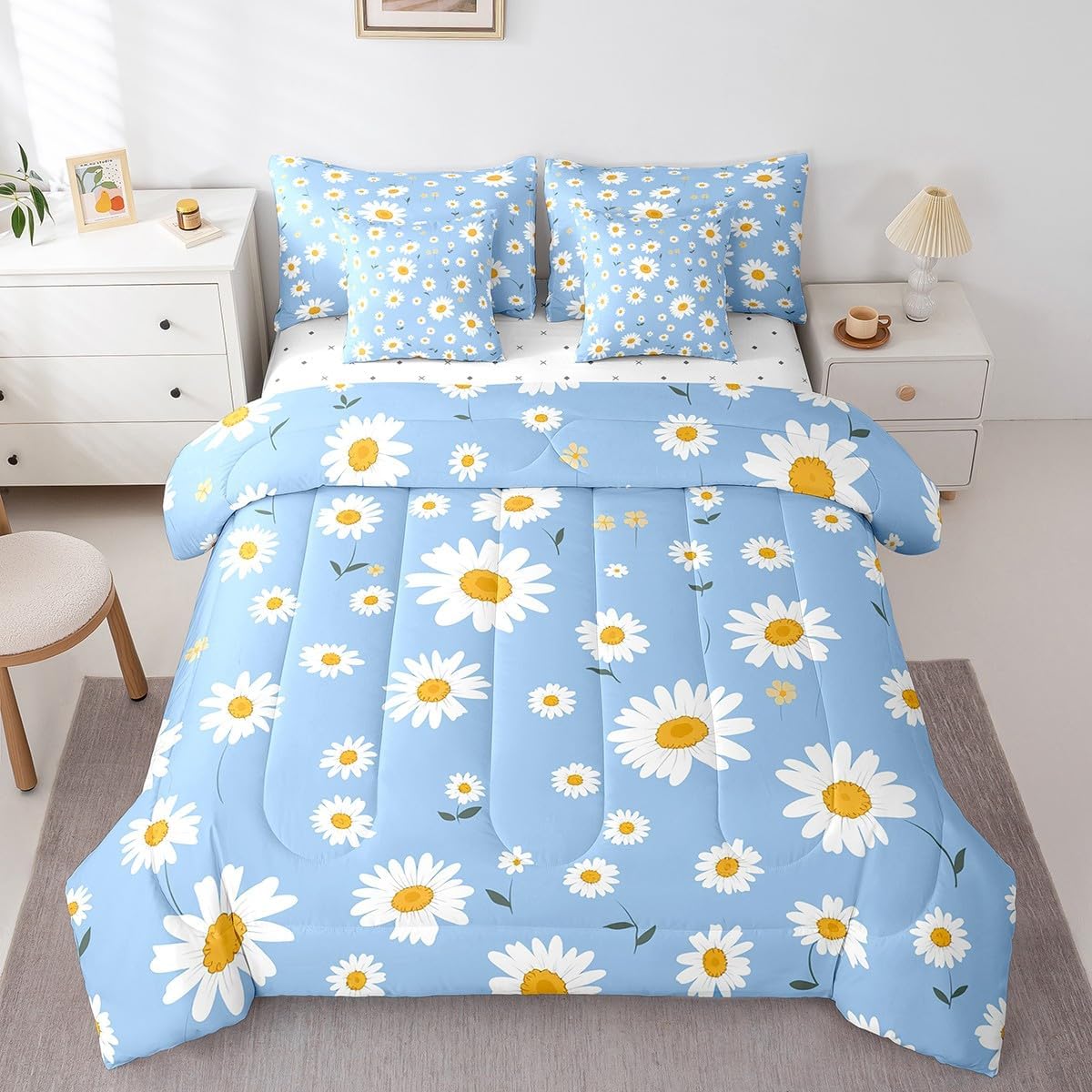 Manfei 7 Pieces Daisy Comforter Set Queen Size, White Daisy Flower Bedding Set for Kids Girls Room Decor, Botanical Floral Print Bed in a Bag with Comforter, Fitted Sheet, Flat Sheet and Pillowcases