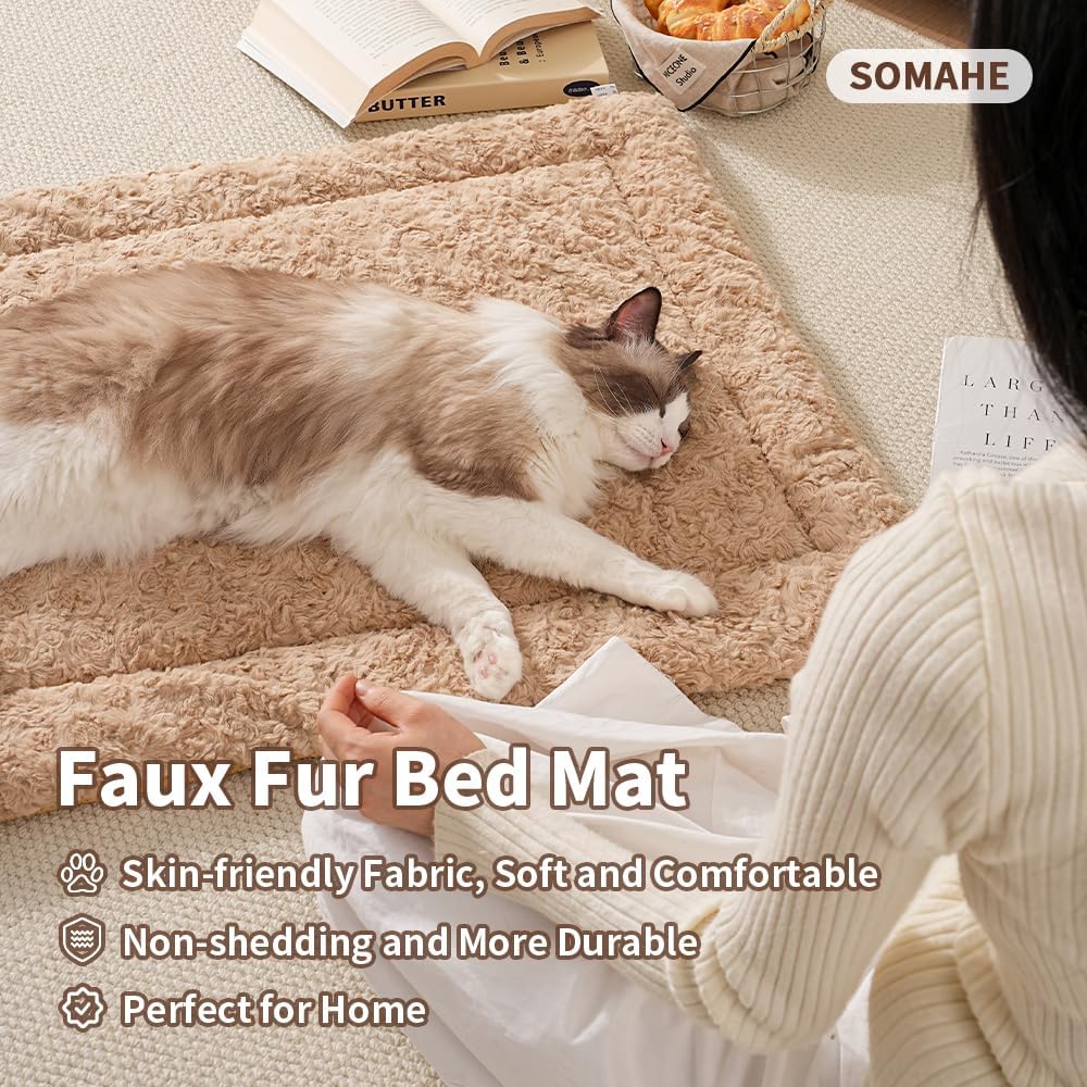 Self Warming Cat Bed Mat, Washable Self Heating Cat Mat, Extra Warm Thermal Pet Pad with Non-Slip Bottom, Soft Plush Faux Fur for Indoor Pet Sleep Cushion, 23x15 Inch Latte