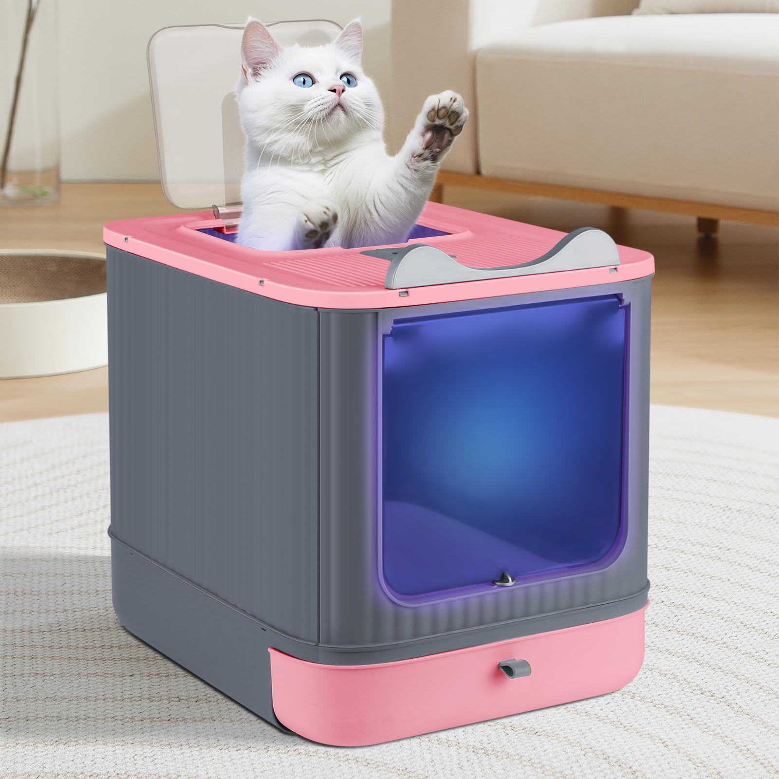 Bac à litière pour chat avec pelle, bac auto-nettoyant, désinfection UV, bac anti-fuite, fond anti-fuite (rose + gris)