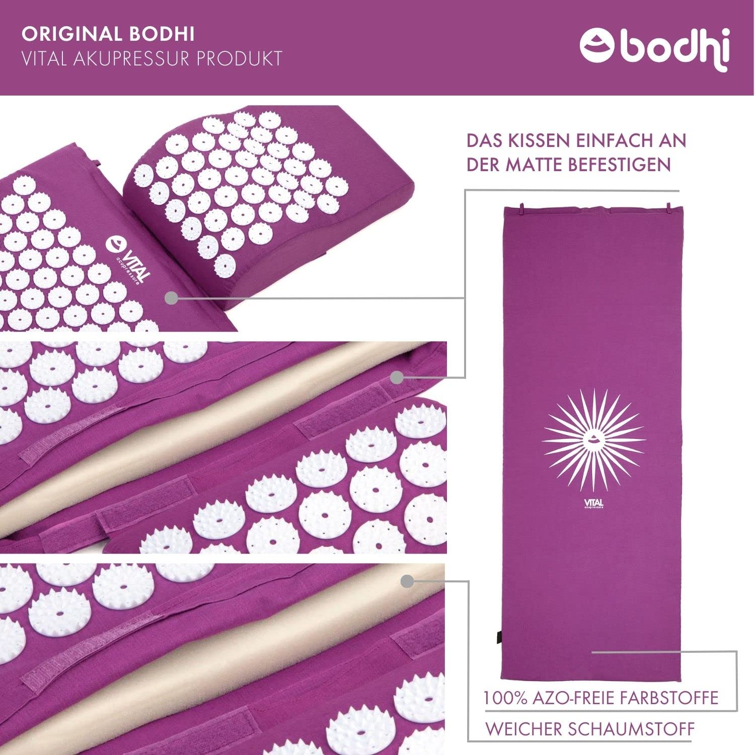 Bodhi VITAL Akupressurmatte XL Deluxe-Set Spiky | Massagematte im Set mit Nadelkissen, Fußmatte & Tasche | Selbstmassage für zu Hause | Fakirmatte gegen Nacken & Rückenschmerzen | aubergine