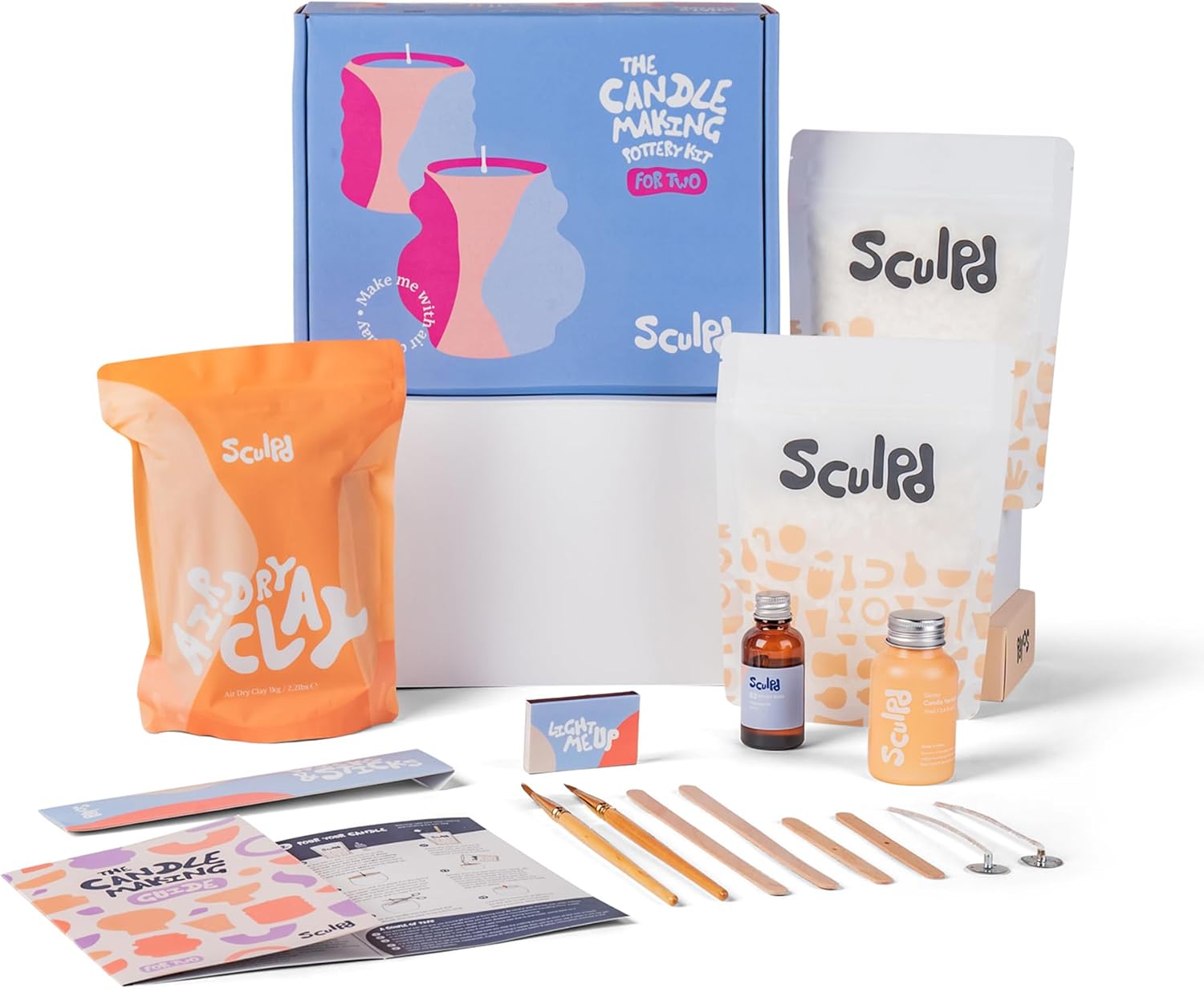 Sculpd Candle Making Pottery Kit for Adults with Air Dry Clay and Acrylic Paint Set, Non-Toxic Eco Soy Wax, Scented Fragrance Oil, Candle Glaze, Tools & Guide, 2 Candles, Basil & Citrus