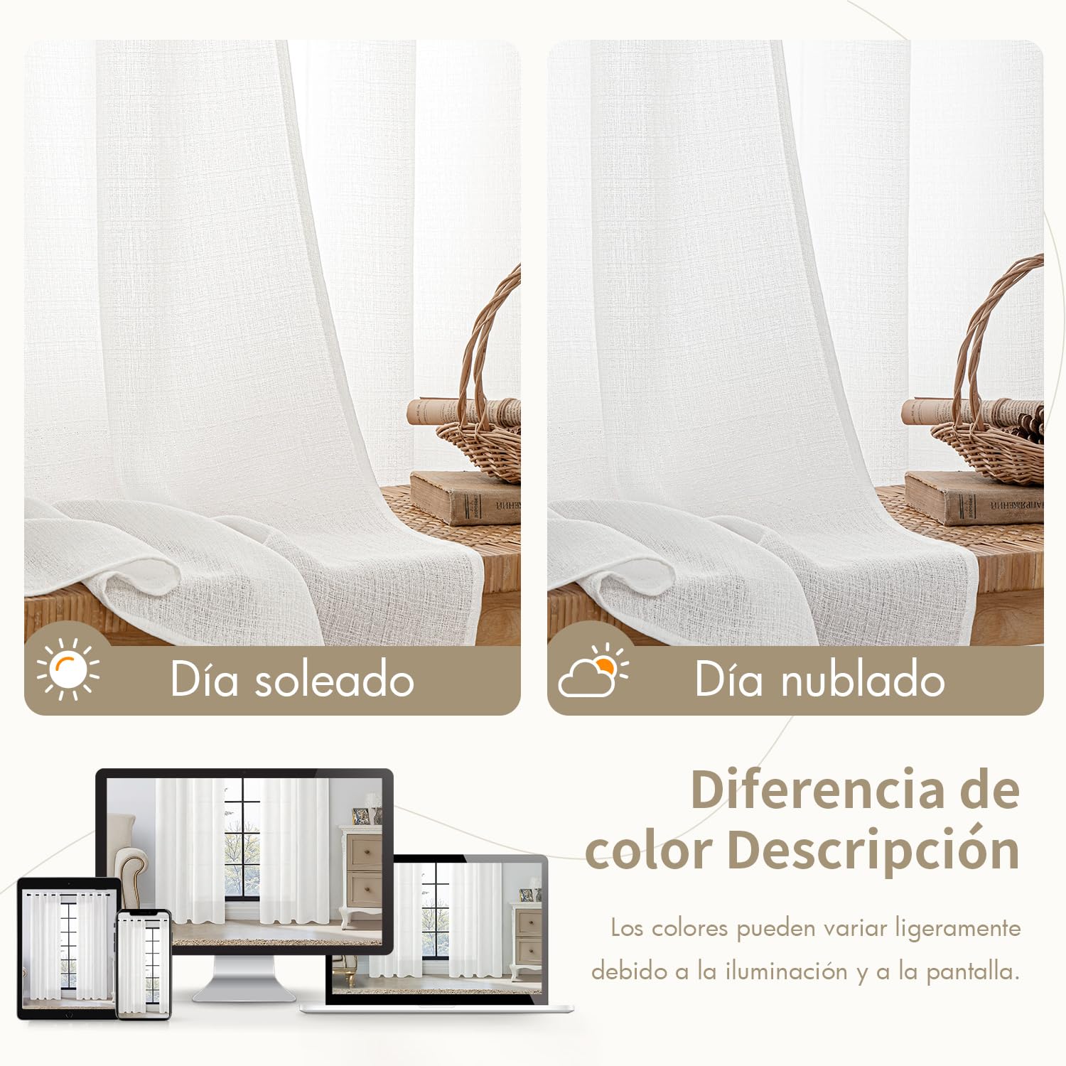 MIULEE Cortinas Translucidas Poliéster Lino con Ojales Visillos de Dormitorio Moderno Ventana Salon Habitacion Cuarto Dormitorio Comedor Cocina 140x245 cm Blanco Puro