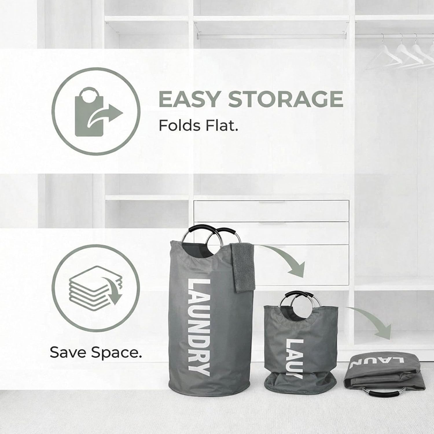 90L Large Laundry Basket Collapsible Laundry Bag with Padded Handles for Laundry, Dorm, Family, Dark Grey