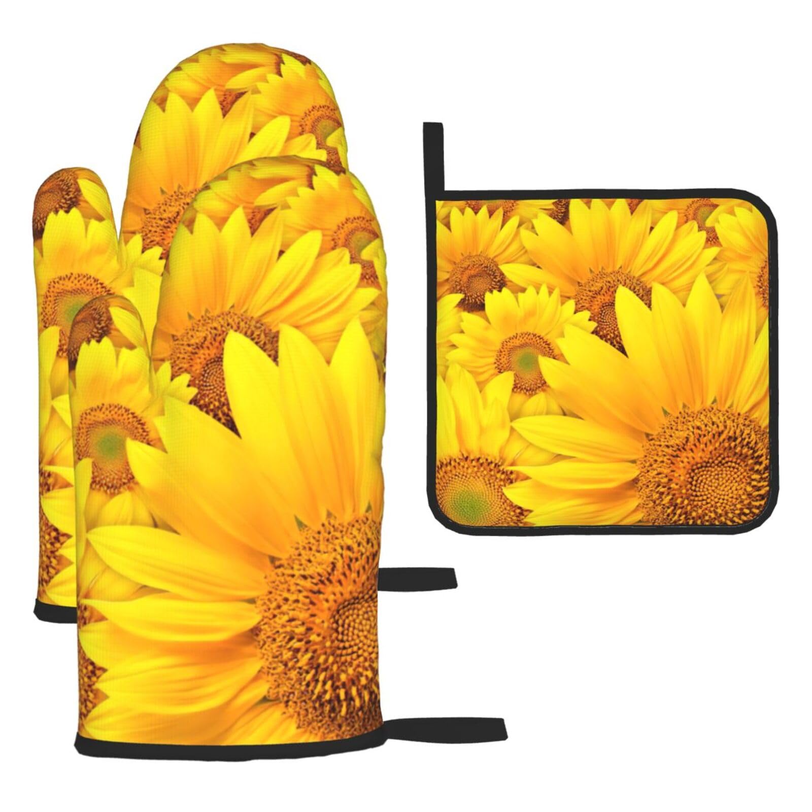 Many Sunflowers Print Oven Kitchen Gloves For Baking Outdoor Grilling Home Use Mitts Microwaving Bbq