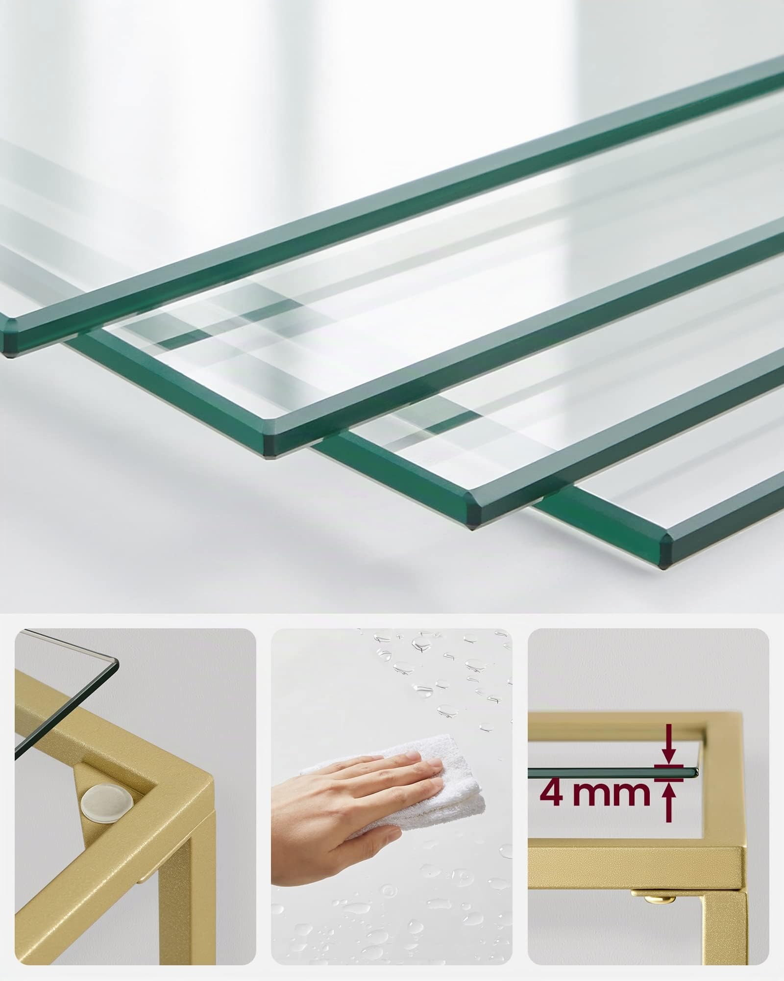 VASAGLE EstanterÍa de Cristal de 5 Niveles, LibrerÍa, Expositor, Cristal templado, FÁcil de Montar, para BaÑo, SalÓn, Dormitorio, Oficina, Dorado LGT029A01