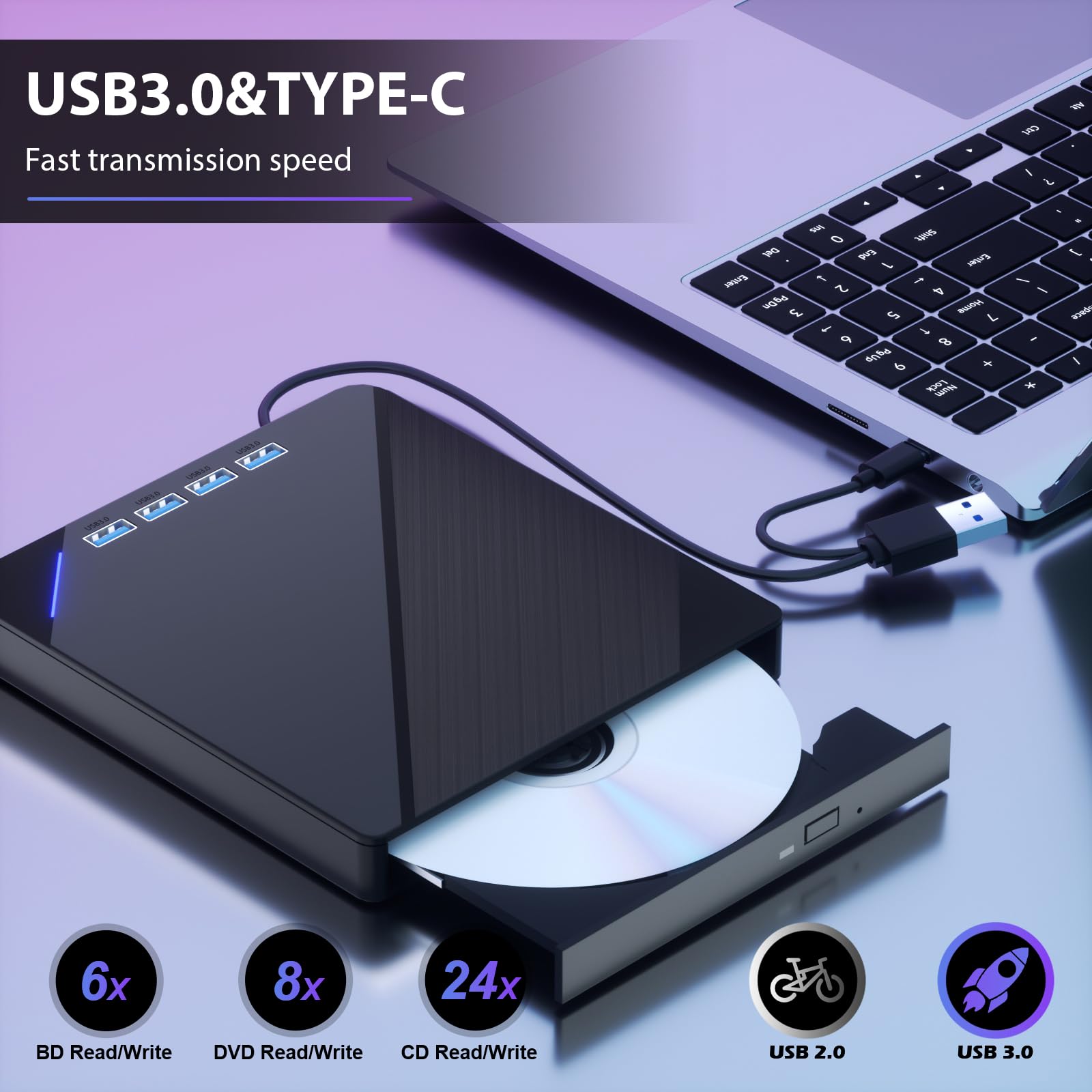Unidad Blu ray externa, 7 en 1, compatible con disco R/W de 100 G, USB 3.0 tipo C, unidad Bluray BD, grabadora de DVD y CD con 4 puertos USB, ranura para tarjeta SD/TF compatible con Windows