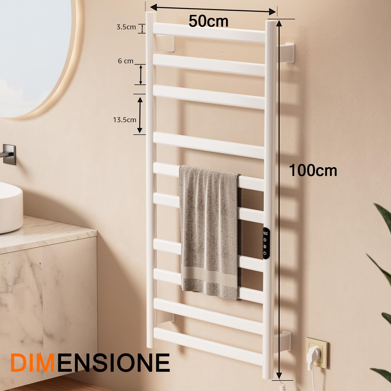 Scaldasalviette Elettrico Bagno, 50 x 100cm Termoarredo Elettrico Bagno con LED Touch Screen, 0-9h Timer e 30-70℃ Temperatura, 285W Termoarredo Elettrico da Parete, IPX4, Bianco