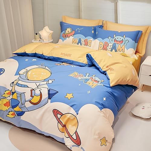 Miniatura 2 de SAPHREAS - Juego de funda de edredón de 4 piezas queen con sábana bajera 100 % algodón, con estampado para niños de planetas y astronautas. Edredón