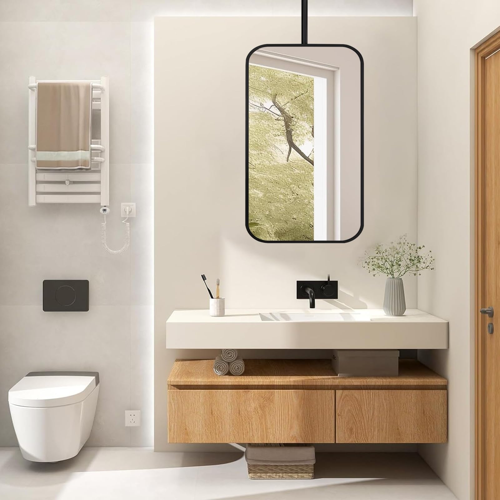 Miroir rectangulaire de salle de bain suspendu de haute précision avec cadre métal noir