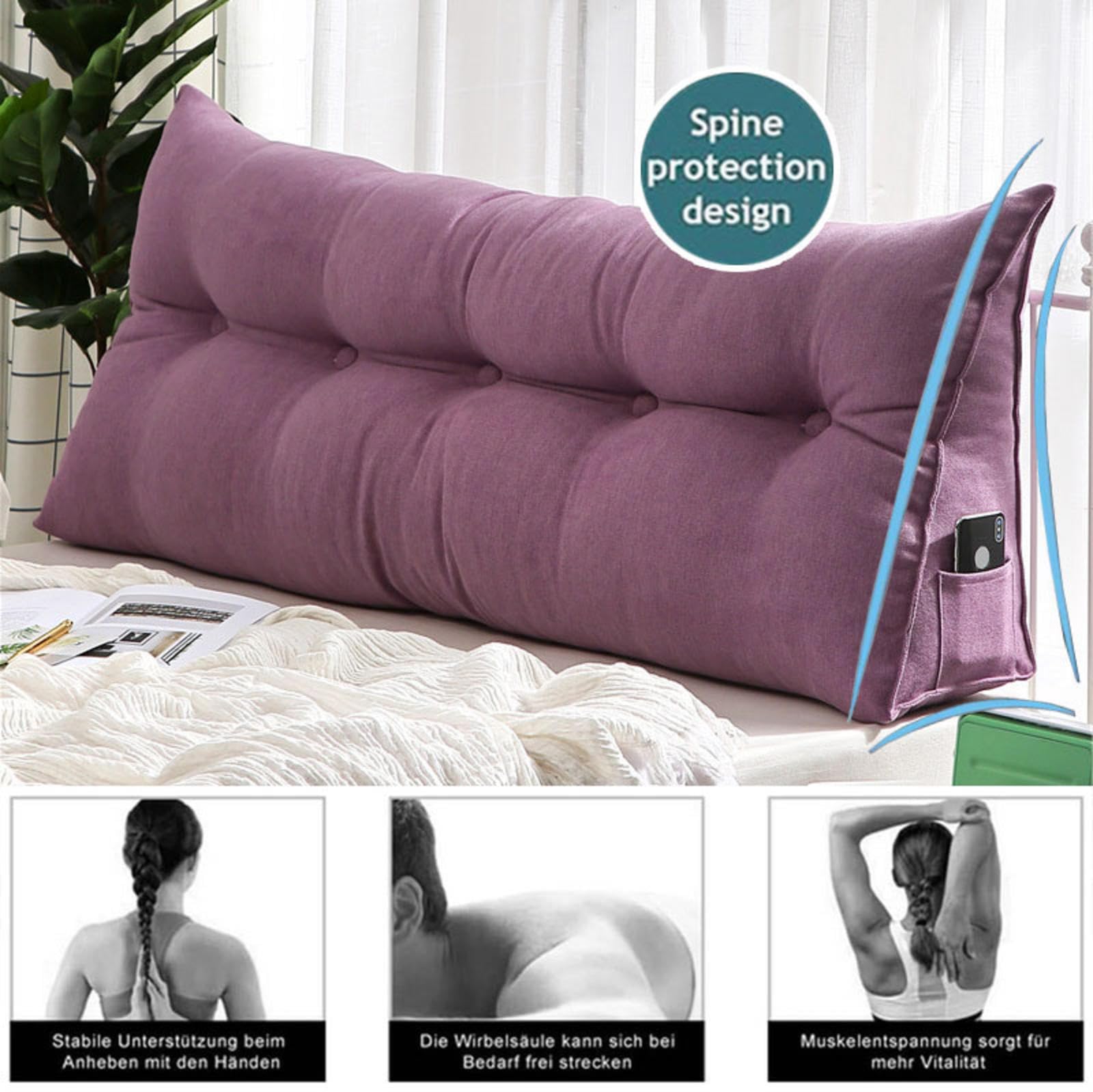Cuscino ortopedico di supporto per la schiena per letto e divano, comodo cuscino da lettura con fodera rimovibile, cuscino ergonomico a cuneo per schienale, cuscino lungo per supporto lombare, 60 x 20
