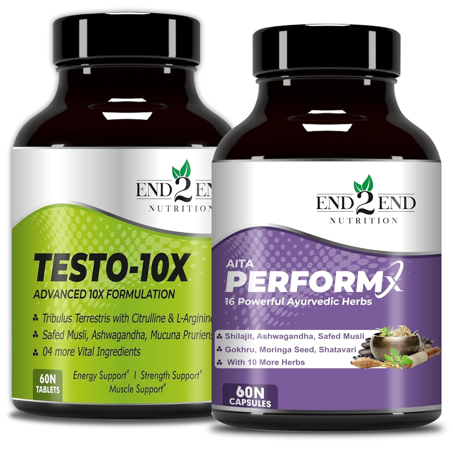 End2End Nutrition Testo-10X and PerformX Natural Testosterone Booster Supplement for Men | Shilajit, Gokhru, Ashwagandha, Safed Musli | Strength, Stamina & Performance - (Combo Pack) 120N