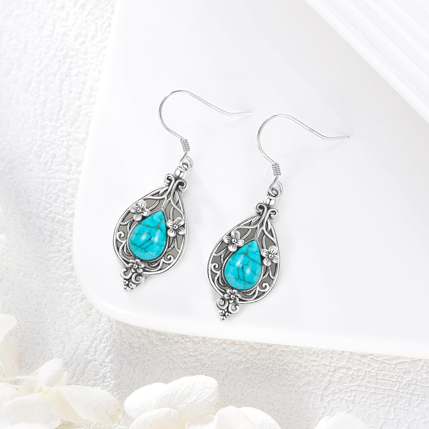 Genuine Turquoise Teardrop Vintage Earrings, Sterling Silver Native American Western Jewelry Dangle Earrings for Women - Image 6