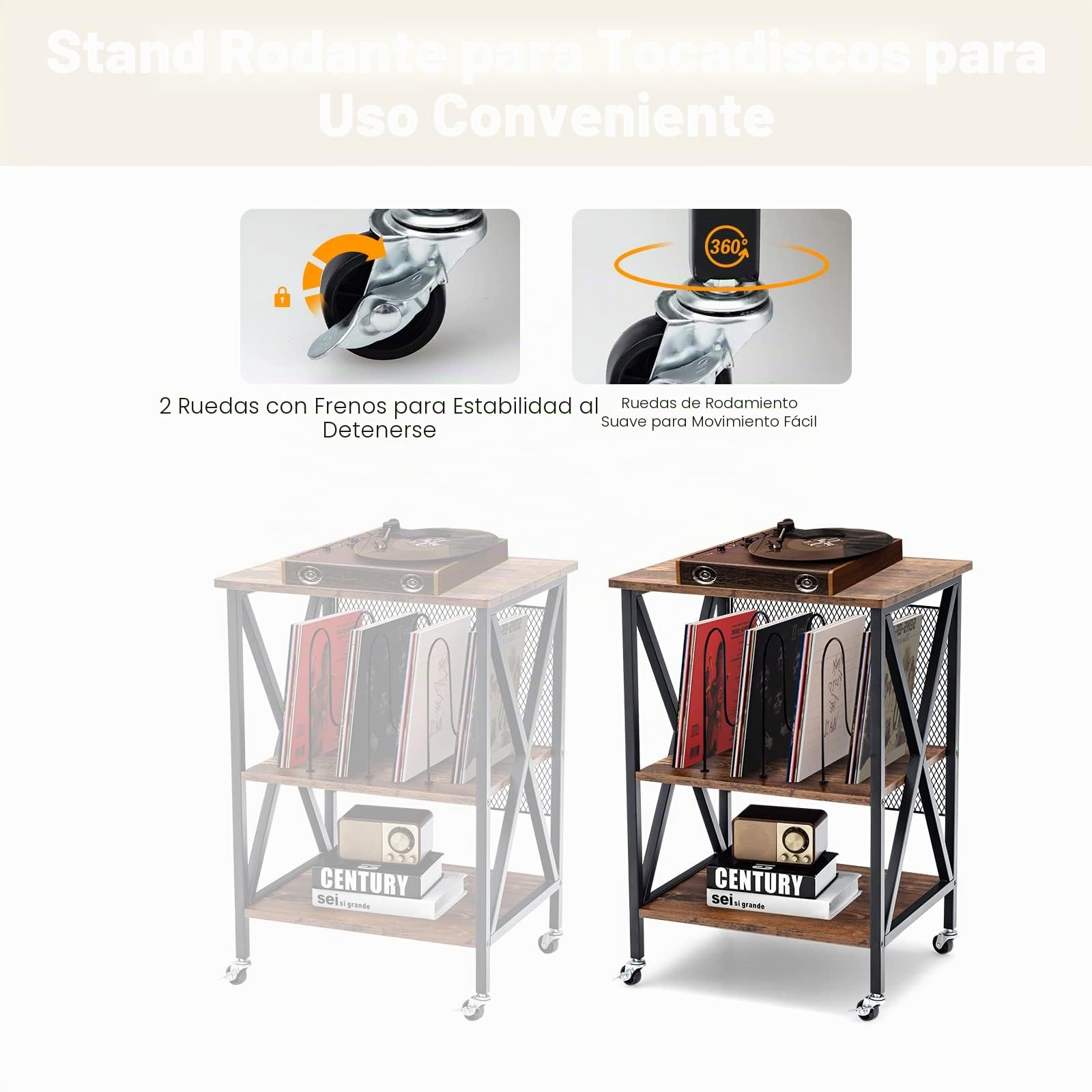 LIFEZEAL Mesa Auxiliar para Tocadiscos de 3 Niveles con Ruedas | Mesa de Sofá con Estante Abierto, Base de Madera para Disco y 75 cm de Alto (sin Enchufe)