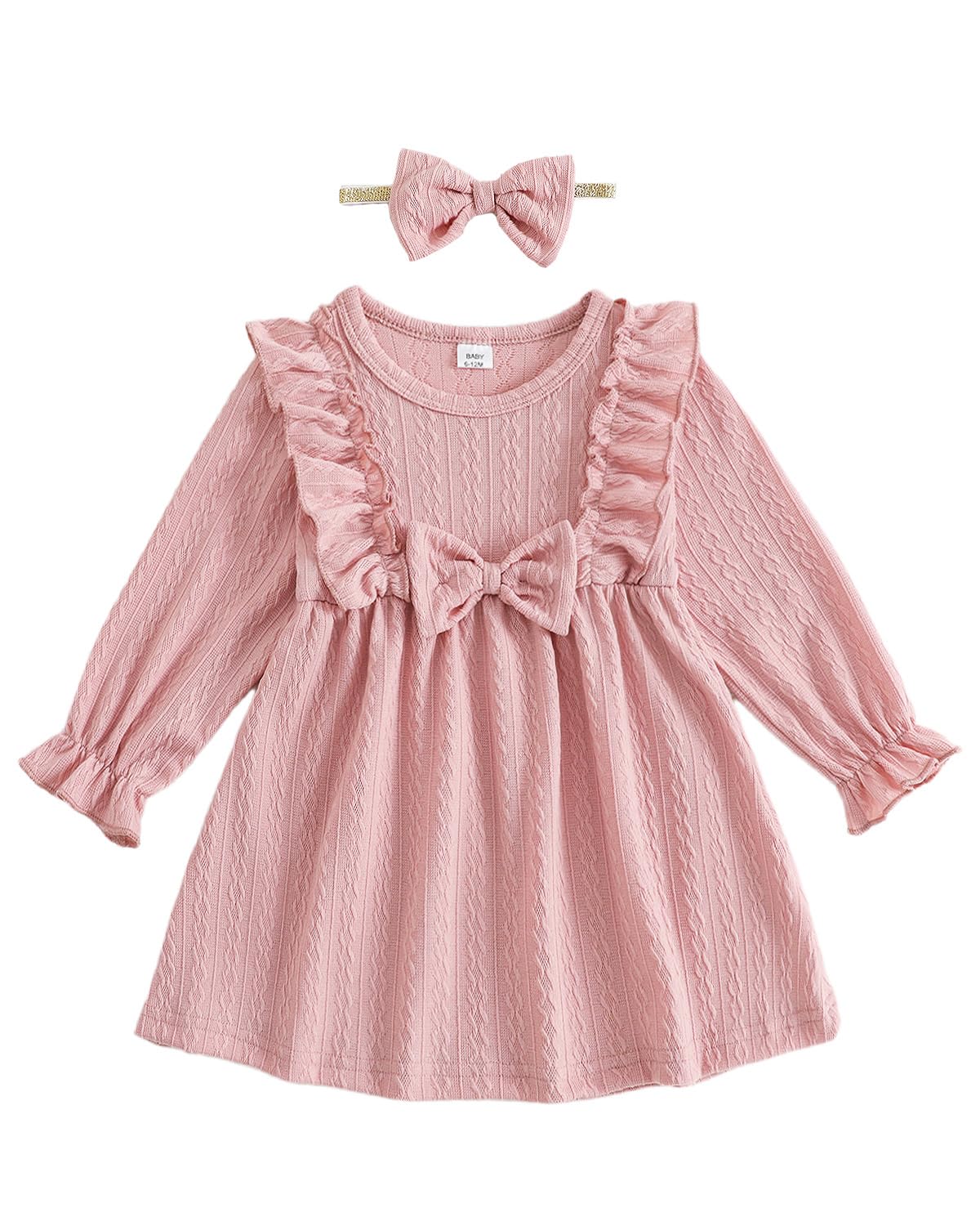 FishingDino Baby Girl Dress Spring Outfits 0-24 Months, Long Sleeve Baby Spring Dress with Headband, Toddler Newborn Dresses