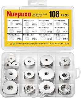 108PCS 304 Stainless Steel Flat Washers Assortment Kit - 12 Metric Sizes M3-M12 Fender Washers for Screws Bolts Automotive Home Use