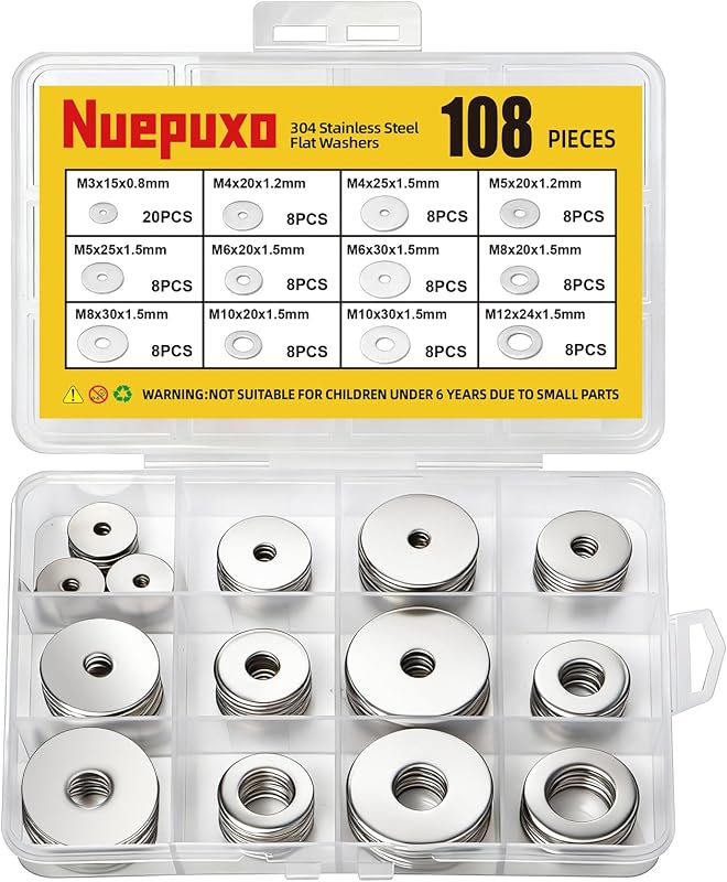 108PCS Flat Washers Assortment Kit, 304 Stainless Steel Washers | Fender Washers, 12 Sizes (M3 M4 M5 M6 M8 M10 M12) Metric Metal Washers for Screws and Bolts, Automotive Industrial Home Use