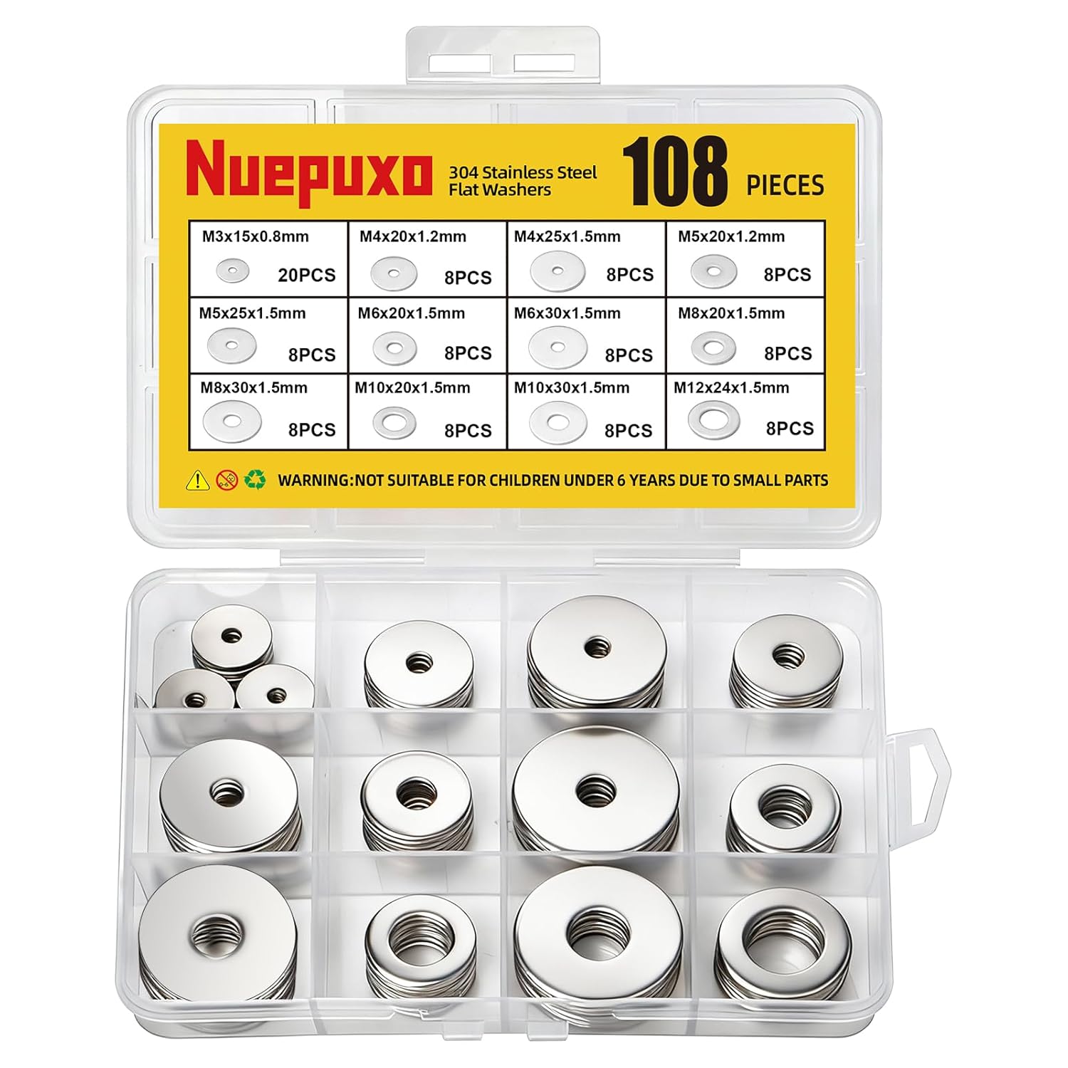 108PCS 304 Stainless Steel Flat Washers Assortment Kit - 12 Metric Sizes M3-M12 Fender Washers for Screws Bolts Automotive Home Use