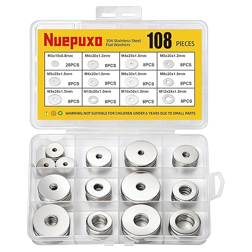 Kit surtido de 108 arandelas planas, arandelas de guardabarros de acero inoxidable 304, 12 tamaños (M3 M4 M5 M6 M8 M10 M12) arandelas métricas de