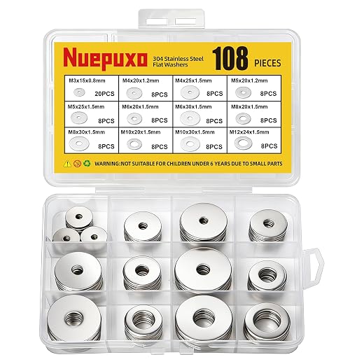 108PCS Flat Washers Assortment Kit, 304 Stainless Steel Fender Washers, 12 Sizes (M3 M4 M5 M6 M8 M10 M12) Metric Metal Washers for Screws and Bolts, Automotive Industrial Home Use