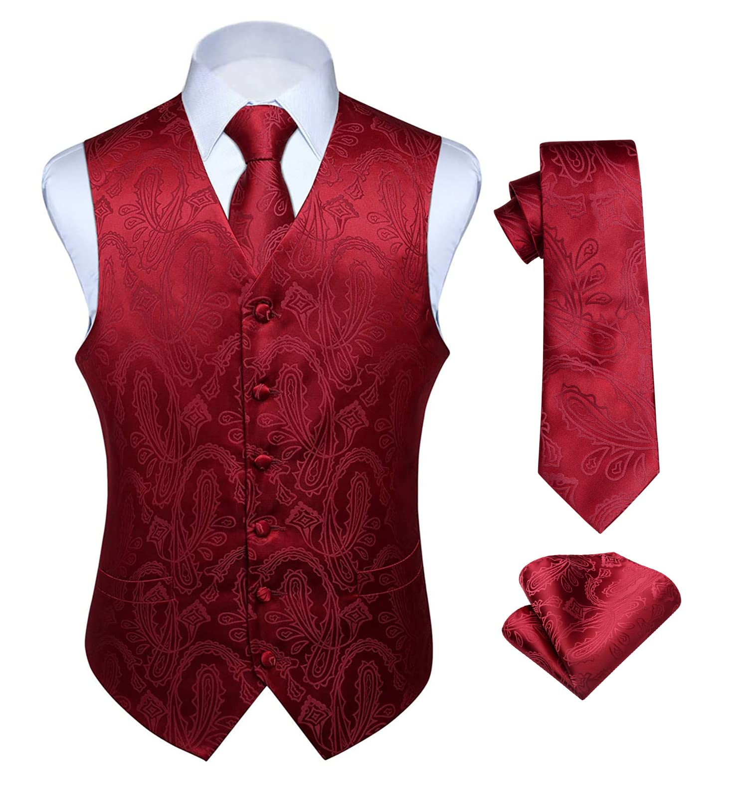 Men's Paisley Floral Jacquard Waistcoat & Neck Tie and Pocket Square Vest Suit Set Burgundy-image-42
