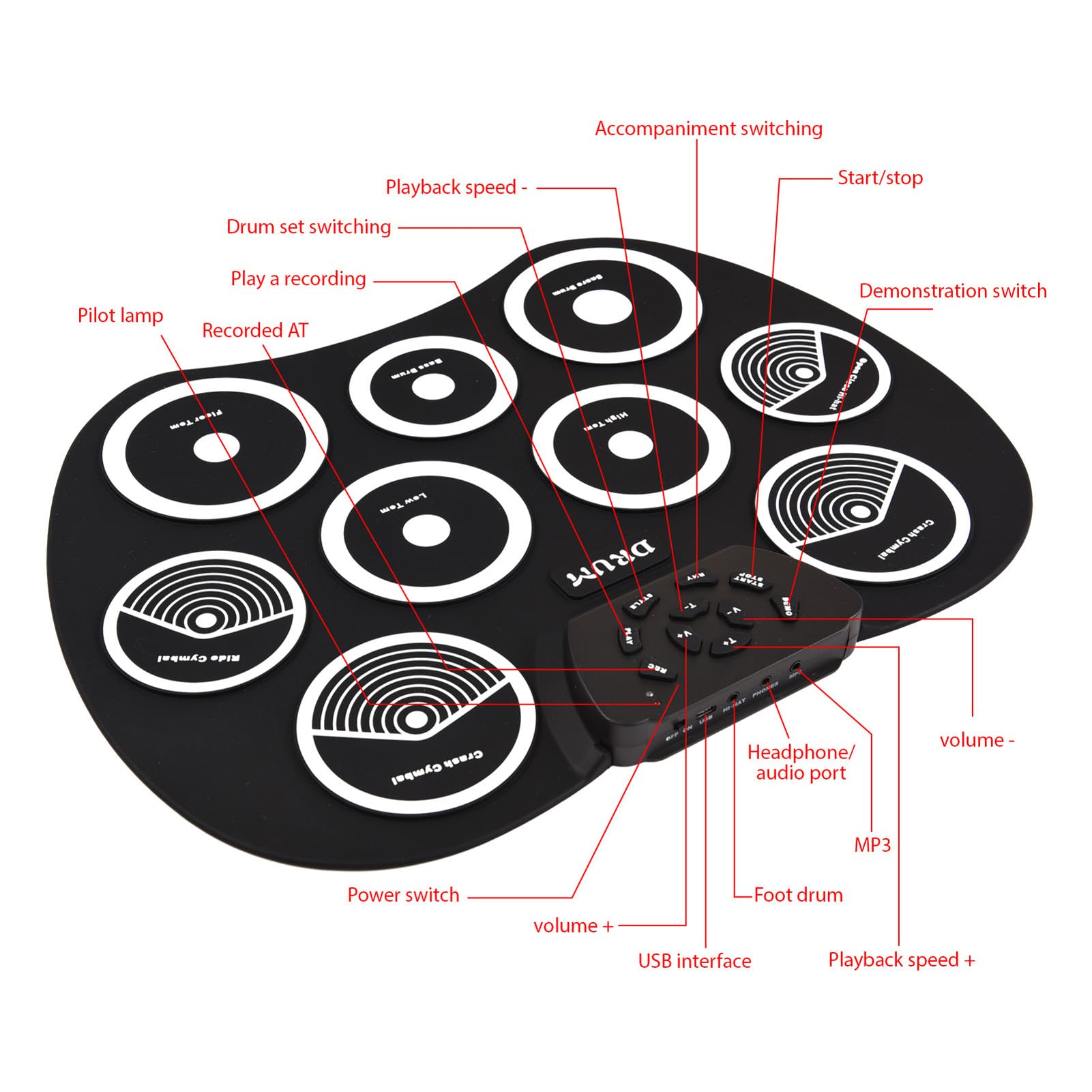 Batteria elettronica arrotolabile con 7 gruppi di tamburi, pad portatile per bambini, allenamento a casa o spettacoli sul palco, include pedali, bacchette