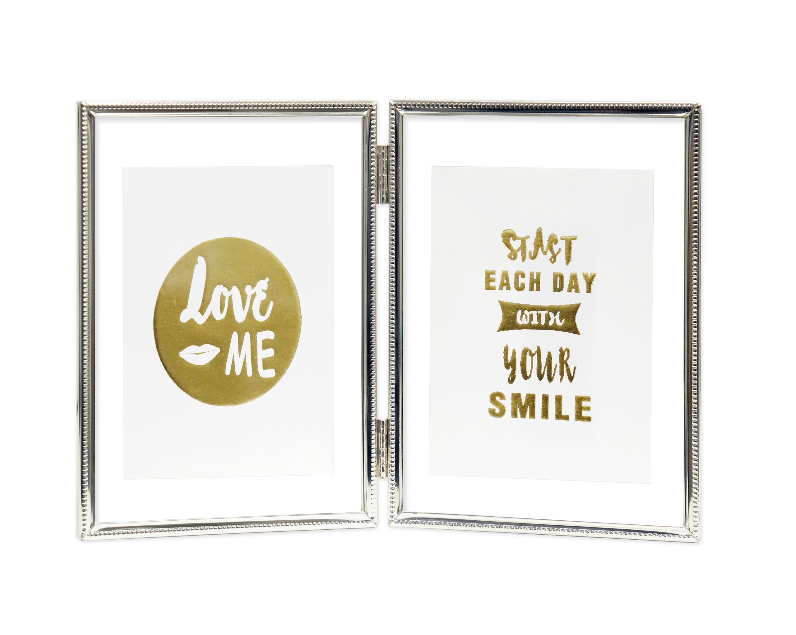 Inov8 Silver Framing Tarnish Resistant Designer Floating Double Picture Frame With Thin Bead Edge Design For Two 5X7 Inch (12X17cm) Photos