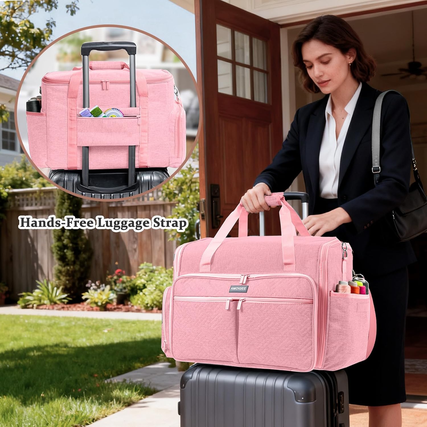 AMOIGEE Full-Open Sewing Machine Case, Large Sewing Machine Storage Bag for Travel - Heavy-Duty Embroidery Tote for Brother Singer Janome Standard Machines Holder with Pocket for Accessories and Tools