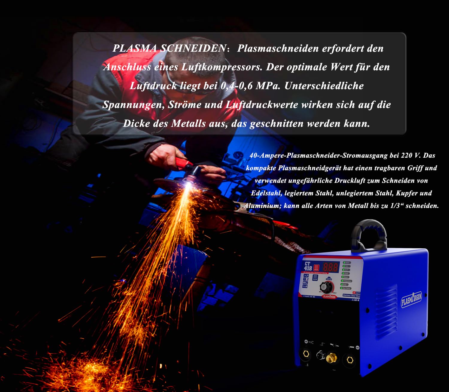 3 in 1 Combo Pilot Arc Plasmaschneider WIG Schweißgerät MMA Wechselrichter Kombischweißgerät Plasmaschneider TIG MMA | IGBT | Digitale LCD Anzeige | HF-Zündung CT418P