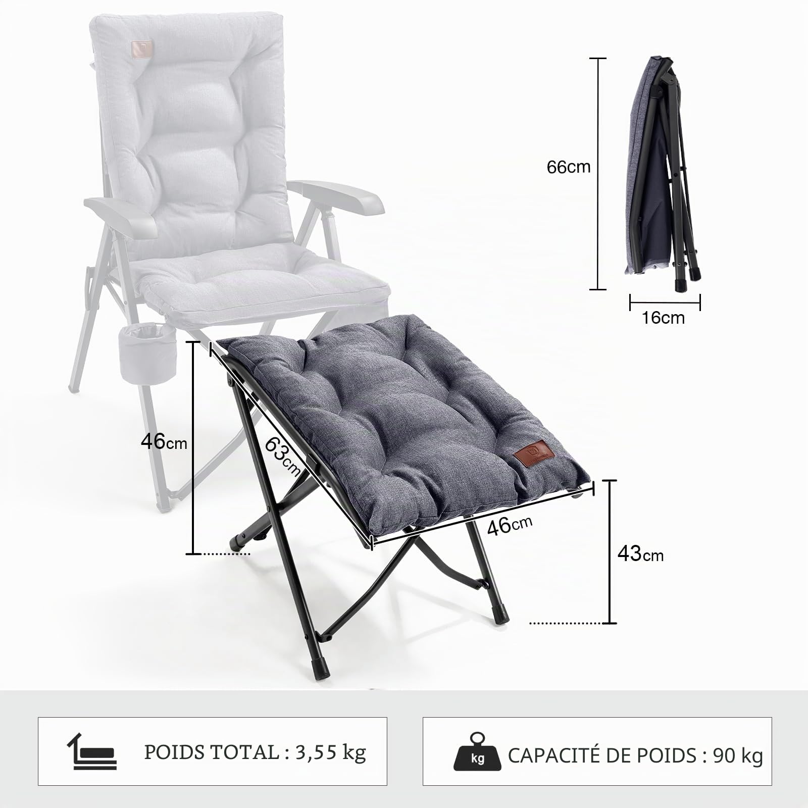 EVER ADVANCED Repose-pieds de camping pliable ergonomique pour salon, repose-pieds de jardin pliable, repose-pieds léger avec sac de transport pour chambre à coucher, jardin, terrasse, extérieur, gris