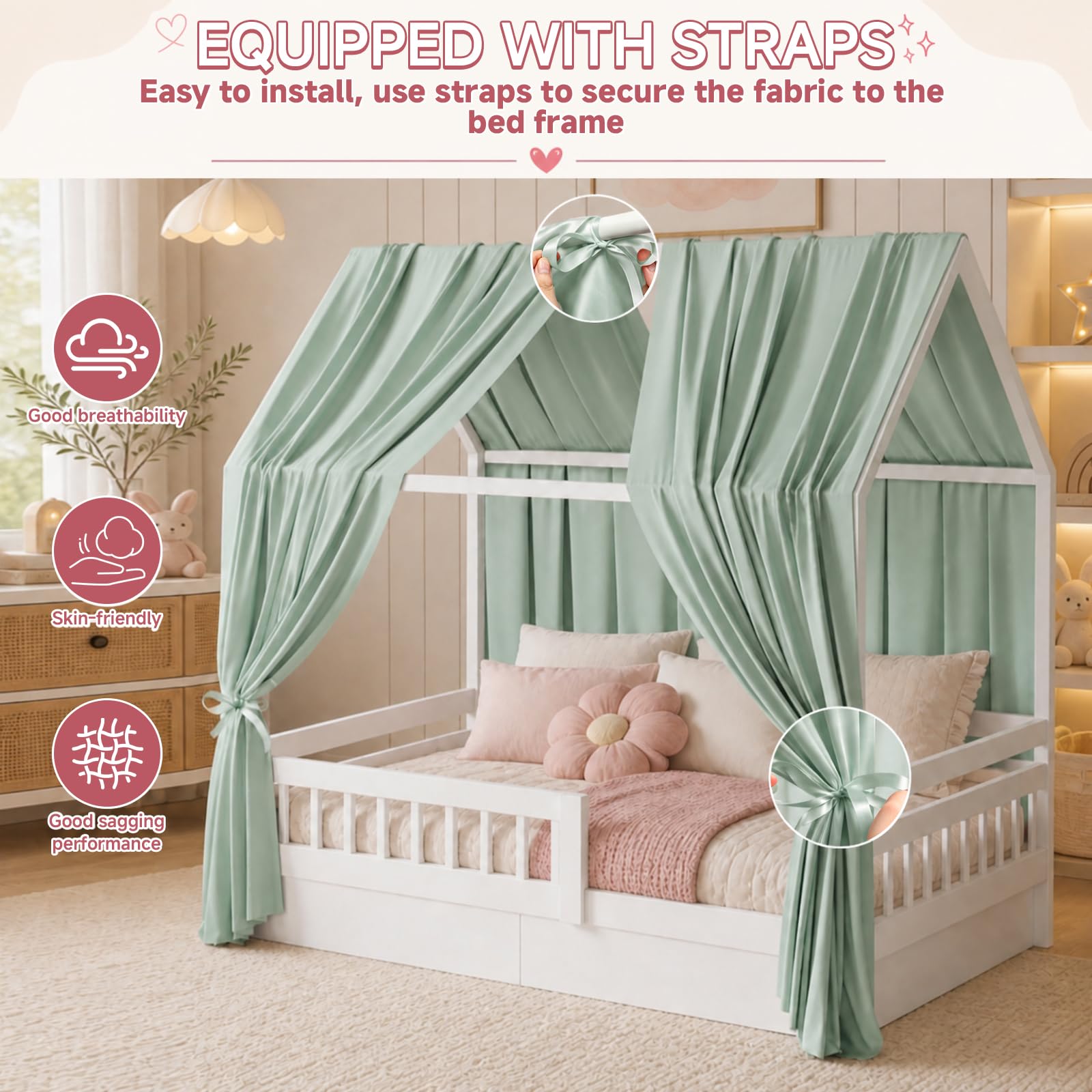 Lot de 2 baldaquins de lit en mousseline douce pour lit de maison, ciel de lit fille et garçon, décoration de chambre d'enfant, 135 x 350 cm, vert clair