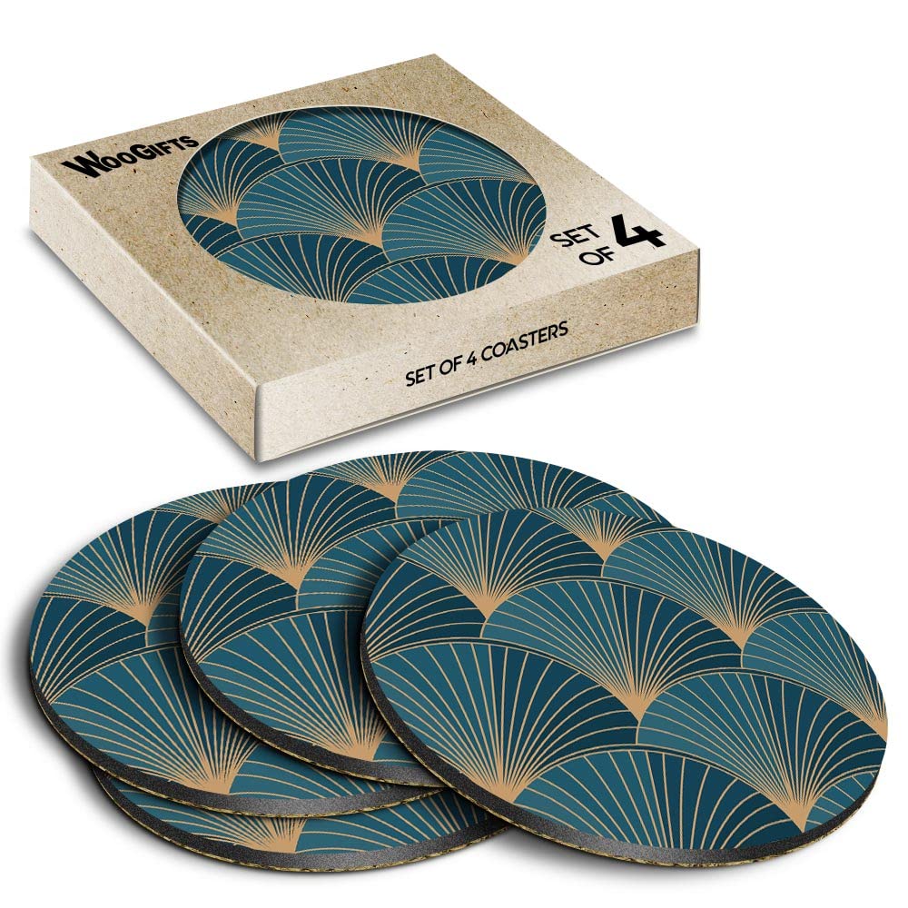 4 x Round Coasters - Elegant Art Deco Pattern Cork Backed MDF Glossy Tea Coffee Accessory #52822