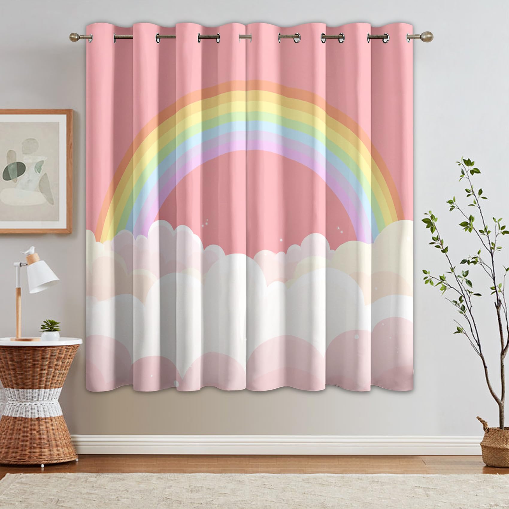 Générique Rideau Occultant Nuage Arcs en Ciel, 75 x 166(LxH) 2 Pieces, Opaque 95%, Motif Rose Mignon, Rideaux Fenetre Thermiques à Oeillets, Decoration Maison Salon Chambre CHE11