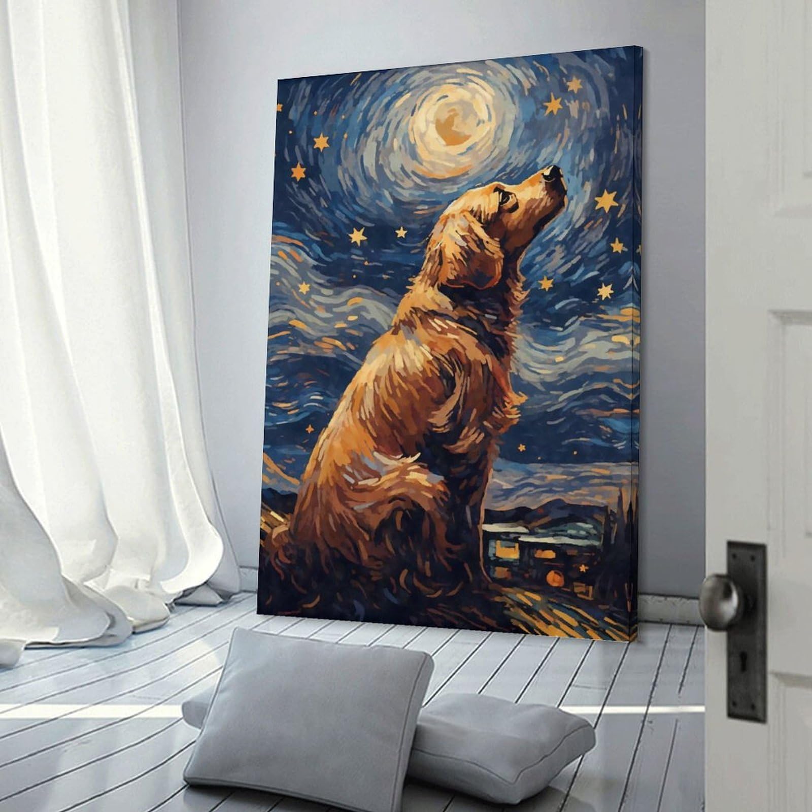 Junmoney Wall Picture Print Golden Retriever Night, 24x36inch(60x90cm), for Wall Displays, Bedrooms Or Room Updates, Wall Decor Suited to Curated Displays