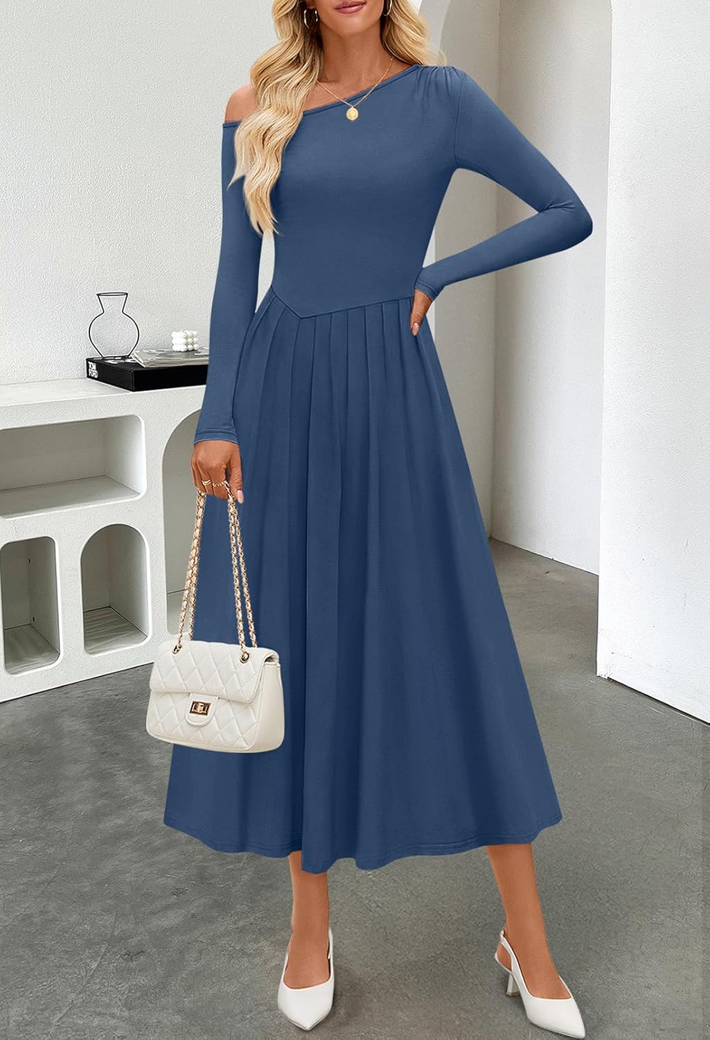 MEROKEETY Women's Fall Long Sleeve Wedding Guest Dresses 2025 One Shoulder Elegant Formal Pleated Midi Maxi Dress - Image 3