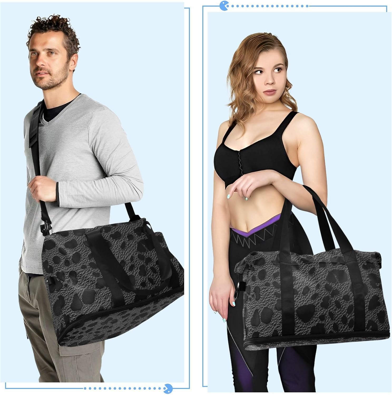 Black Leopard Animal Print Large Gym Bag Carry On Tote Bag with Adjustable Strap for Yoga Large Capacity