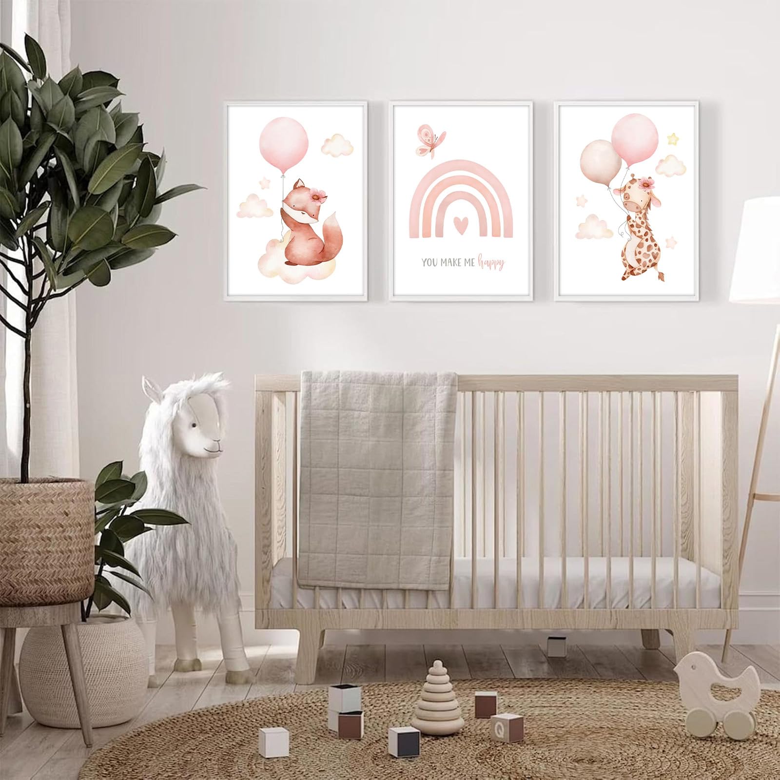 Eclove Set di 4 Poster per Cameretta Bambini - Animali ad Acquerello con Volpe Rosa & Giraffa, Decorazione Murale per Nursery e Cameretta di Bambina, Senza Cornice (21x30 cm A4)