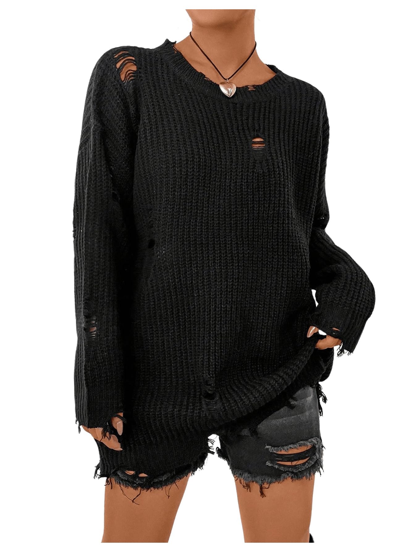 SHENHE Women's Sweater Top Ripped Drop Shoulder Round Neck Long Sleeve Loose Casual Sweater Pullovers