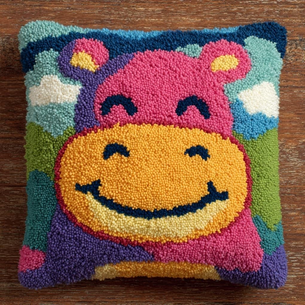 WallustrioaW Latch Hook Pillow Kits Pillow Cover,Cartoon Hippo
