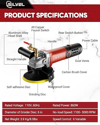 Miniatura 3 de SILVEL Pulidora húmeda de 860 W, pulidora de piedra húmeda de 4 pulgadas con 6 velocidades variables, pulidora de granito de 110 V con 7