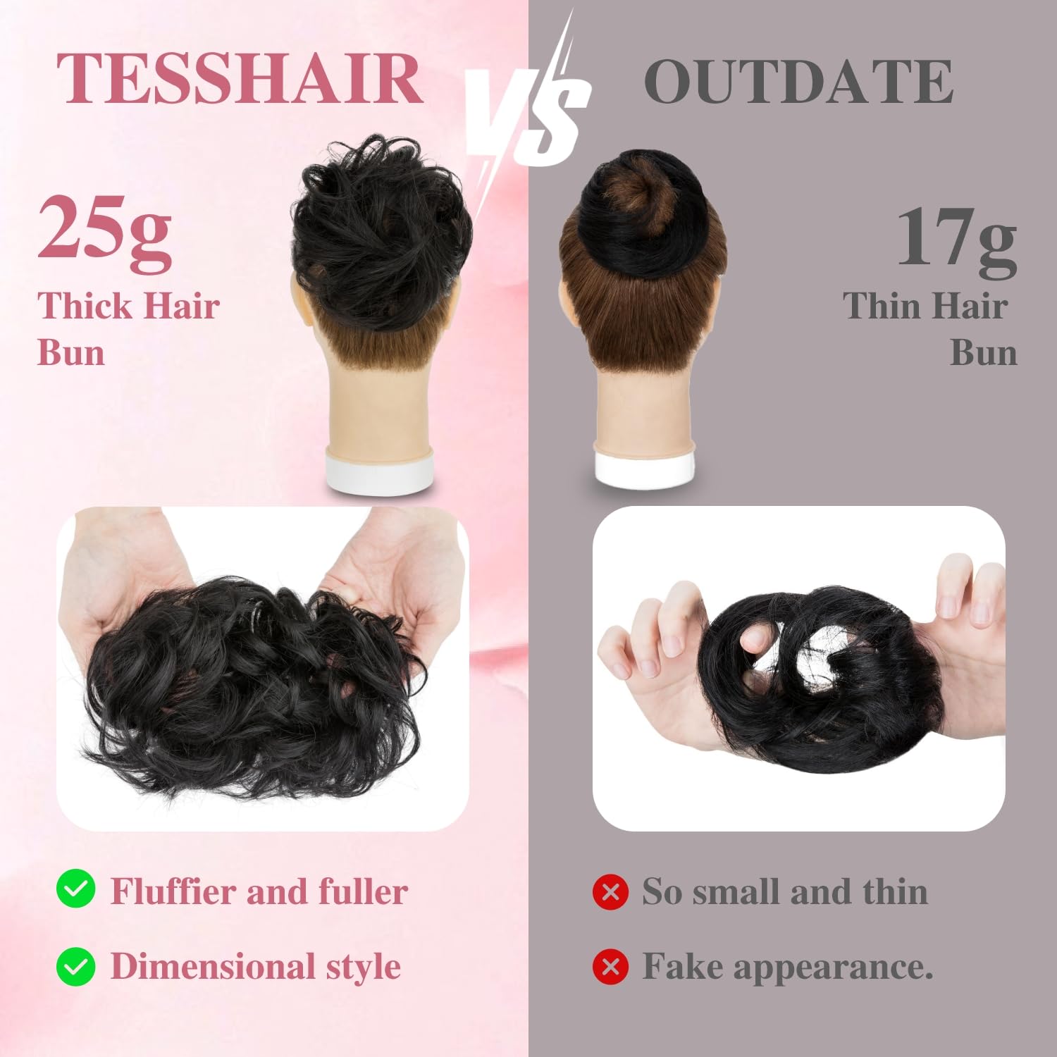 tesshair Messy Bun Hair Piece 100% Thick Tousled Human Scrunchies Natural Curly Wavy Bun Hair Piece with Elastic Band Black Hairpieces for Women Girls(Black - Image 4